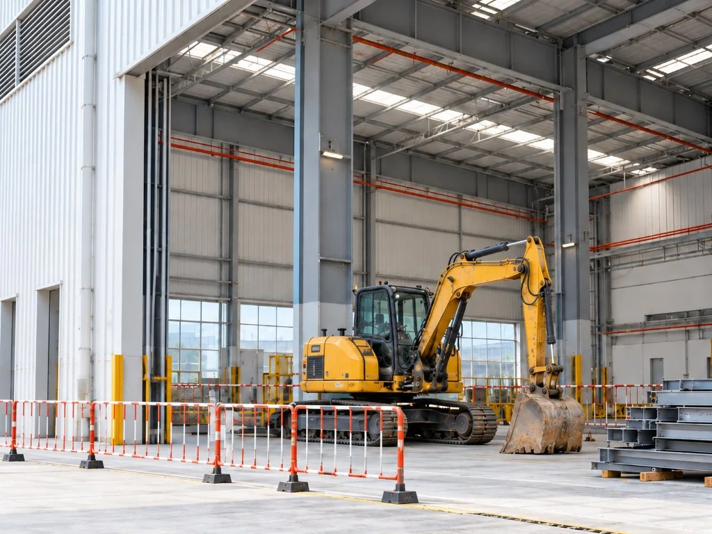 Excavator inside an industrial building with safety barriers and steel sections