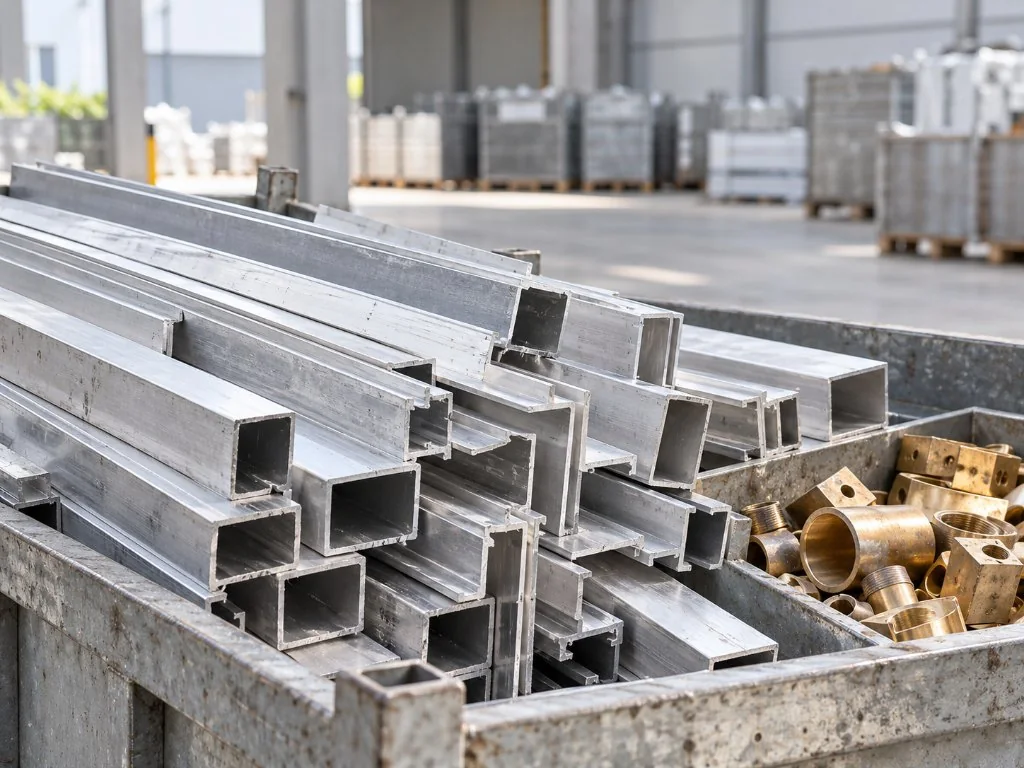 Steel beams and recovered metal sections stacked in an industrial warehouse